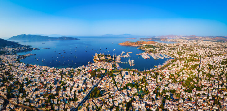 Bodrum beach and marina aerial panoramic view in Turkey
