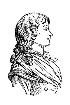 Manon Roland (1754-1793), French Revolution Girondin leader, profile portrait with curly hair and 18th-century attire, old vintage illustration, 1897.