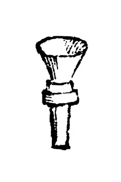 Instrument mouthpiece, flared cup and cylindrical shank, bold textured line drawing, old vintage illustration, 1897.