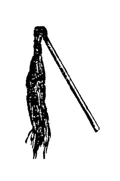 Long wooden handle whip with leather tongue for horse guidance, black and white engraving, old vintage illustration, 1897.