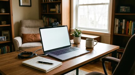 Naklejka premium Laptop and workspace arranged on wooden desk with notebook plant mug and webcam in bright home office by window