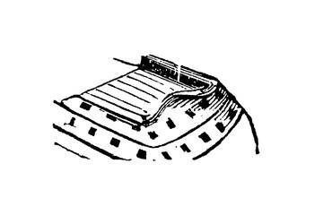 Stern deck or poop deck of a sailing vessel, multiple rows of round windows, curved decorative molding or overhang, fine parallel shading lines on the hull, old vintage illustration, 1897. © Timofeeff