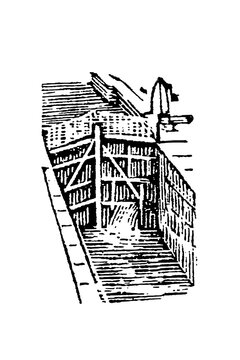 Canal lock gate, double-leaf wooden gate with mitred edges, heavy planking, and metal hinges, technical engraving, old vintage illustration, 1897.