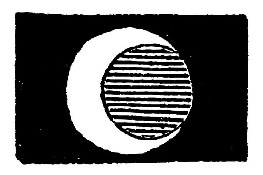 Eclipse diagram, crescent and striped circle, abstract geometric astronomy print, old vintage illustration, 1897.