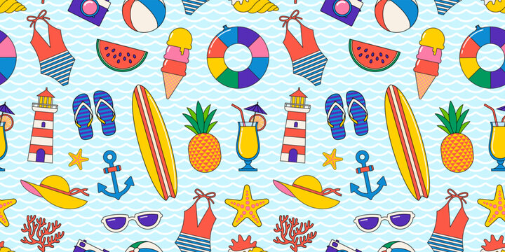 Colorful summer beach vacation seamless pattern. Cartoon vector background with summer vacation things and items with outline.