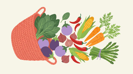 Colorful Assortment of Fresh Vegetables Spilling from a Knitted Bag © GraphWorks