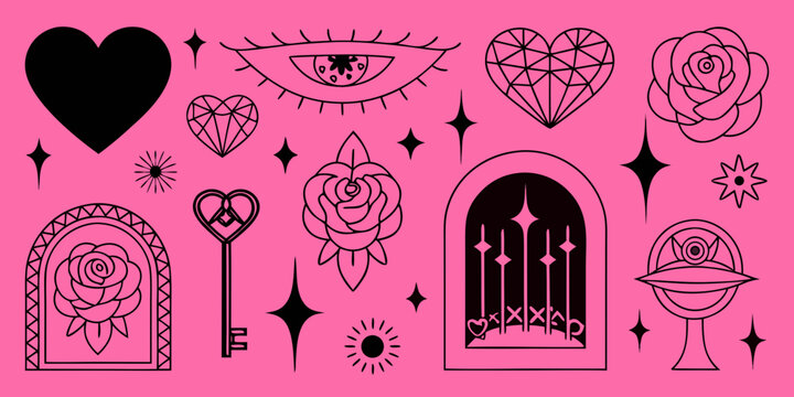 Gothic esoteric symbols collection black line vector illustration on pink