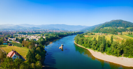 Naklejka premium Aerial view of Drina river house in Bajina Basta, Serbia