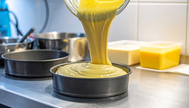 Close up of smooth yellow cake batter being poured from a glass bowl into a round baking pan for a delicious homemade dessert.
