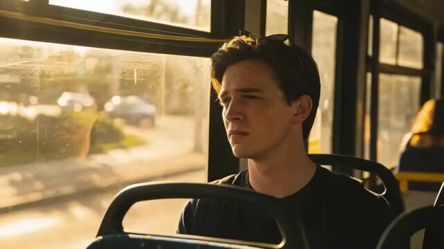 Tilting head, man squinting against sun through bus window, watching street, wearing sunglasses