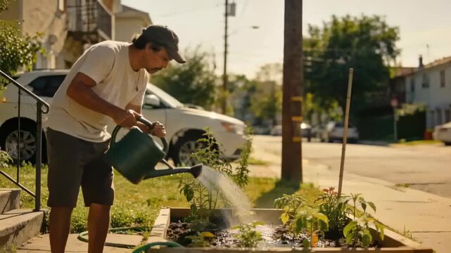 Tilting green watering can, man in T-shirt and shorts watering planter at urban sidewalk for plants