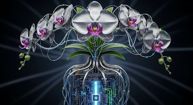 Futuristic Digital Art of Neural Network with Flowers.