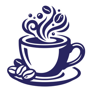 Hot coffee cup with steam coffee beans swirls vector illustration hot beverage bold lines dark blue white background hot drink food and drink wake up beverage con