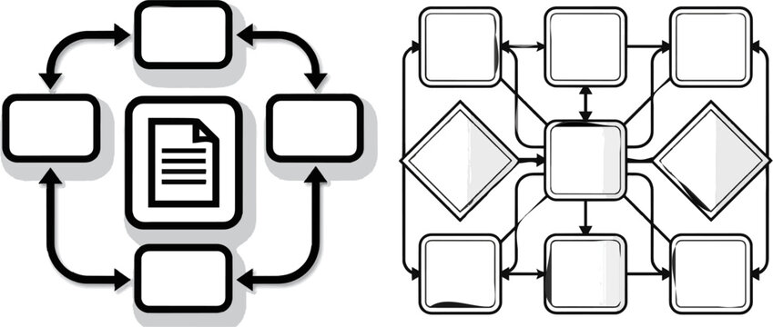 A sophisticated multi-tenant billing cycle loop with automated invoice generation nodes is depicted in a clean geometric layout featuring distinct sharp outlines against a pure white background
