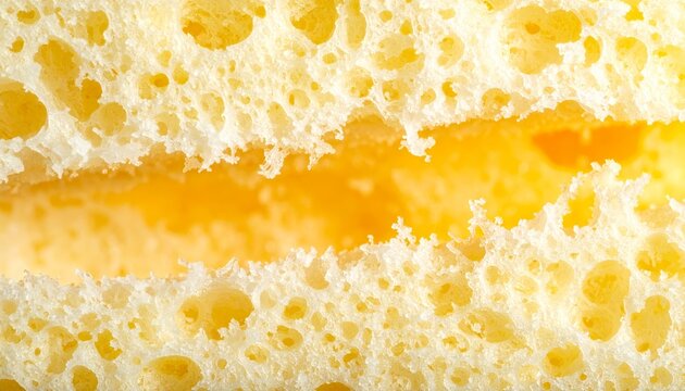Close-up detailed view of a perfectly baked sponge cake's crumb structure, showcasing its airy texture and golden interior.