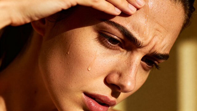 A person wiping sweat from the forehead with a hand, concept of overheating, fever, stress, anxiety, exhaustion and excessive sweating
