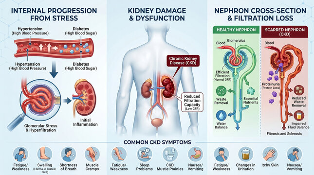 Kidney disease medical infographic showing nephron filtration loss