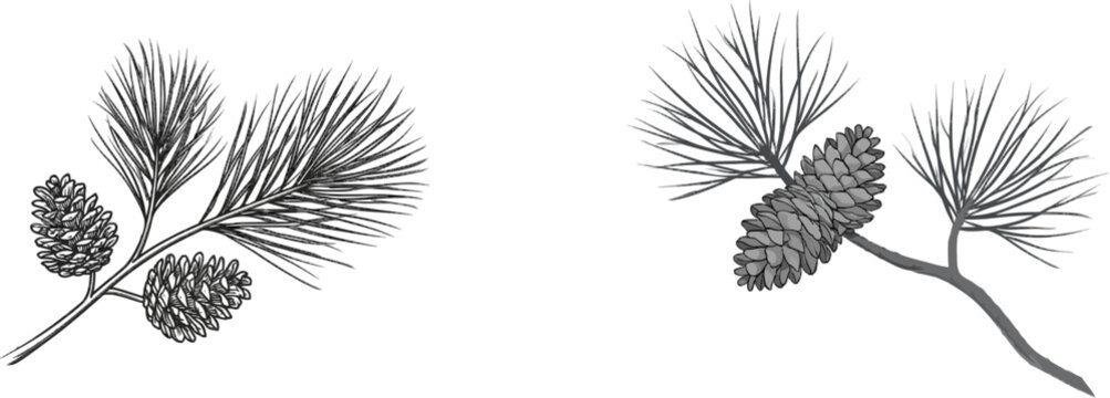 A minimalist botanical illustration of a pine branch with two cones, rendered in clean black line art on a stark white background, showcasing crisp sharp lines without shadows or gray tones