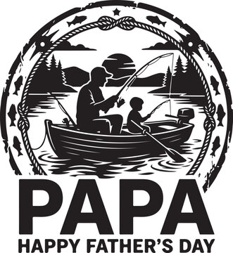 Father's Day, fishing, vector, illustration, Papa, Happy Father's Day, black and white