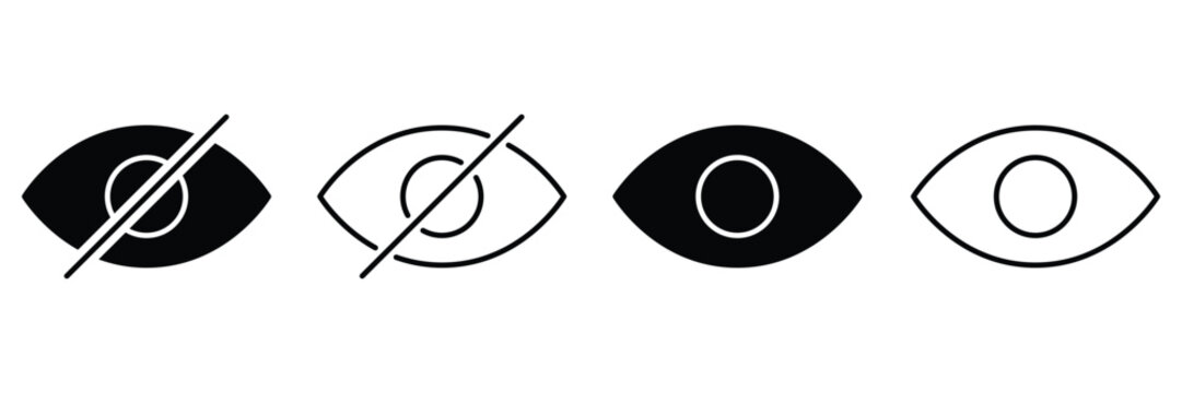Eye visibility icons set showing or hiding options line and glyph style vector illustration.