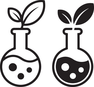 Glass Flask With Leaf Silhouette And Line Icon Set. Science Chemistry Nature Research Experimental Black Logo. Biotechnology Laboratory Sign. Paraben Free Symbol. Isolated Vector Generative AI