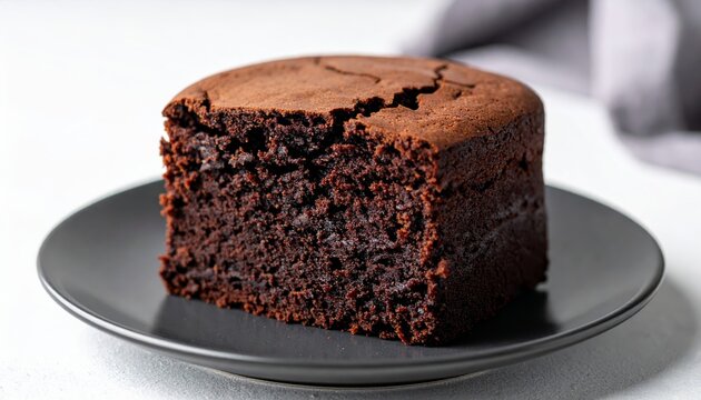 Close-up of a decadent, moist dark chocolate mud cake with a rich texture and cracked top, served on a black plate.