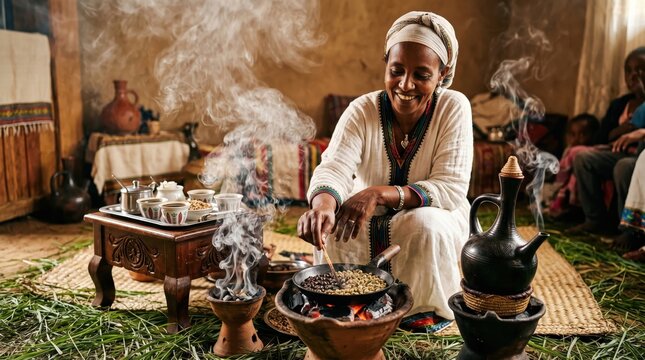 Traditional ethiopian coffee ceremony with woman roasting beans in rustic setting