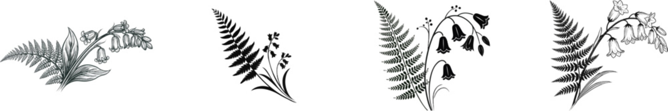 A delicate Victorian botanical illustration of fern fronds and bluebell flowers, rendered in a minimalist engraving style with crisp black lines on a stark white background