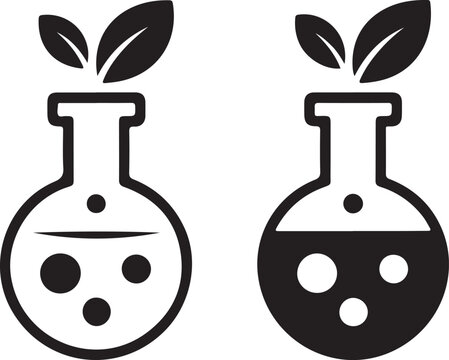 Glass Flask With Leaf Silhouette And Line Icon Set. Science Chemistry Nature Research Experimental Black Logo. Biotechnology Laboratory Sign. Paraben Free Symbol. Isolated Vector Generative AI