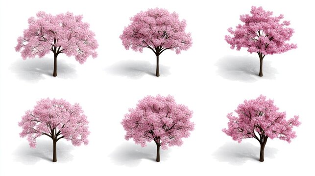 Pink flowering trees isolated on white background