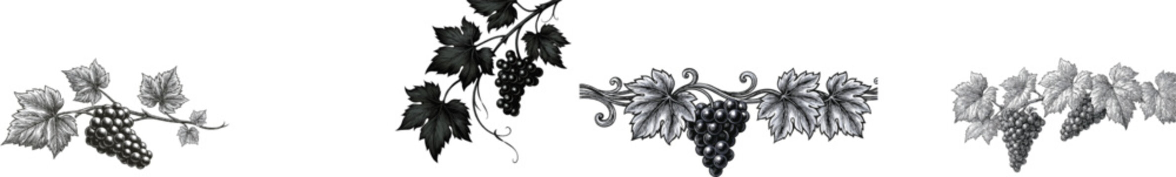 This vintage woodcut engraving features a wild grape and leaf pattern with elegant fine line art on a crisp white background, ideal for clean vector tracing