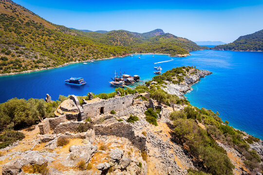 Gemiler or St. Nicholas Island aerial panoramic view in Turkey