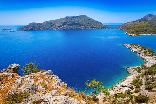 Gemiler or St. Nicholas Island aerial panoramic view in Turkey