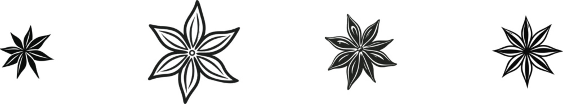 A minimalist botanical silhouette of a star anise seed spice, rendered in solid black against a clean white background with sharp edges and high contrast for automatic vector tracing