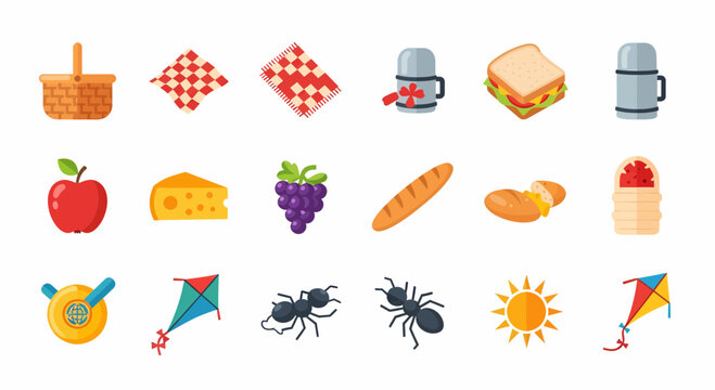Colorful picnic food and drink icons.