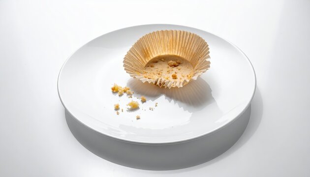 Crumbled cupcake liner and leftover crumbs on a white plate after dessert