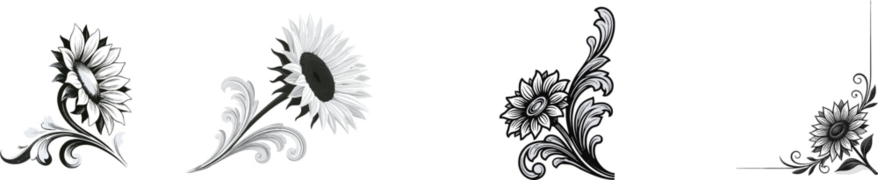 A delicate vintage book ornament corner features a blooming sunflower with intricate scrolling foliage, rendered in elegant fine line art with minimalist black ink on a crisp white background