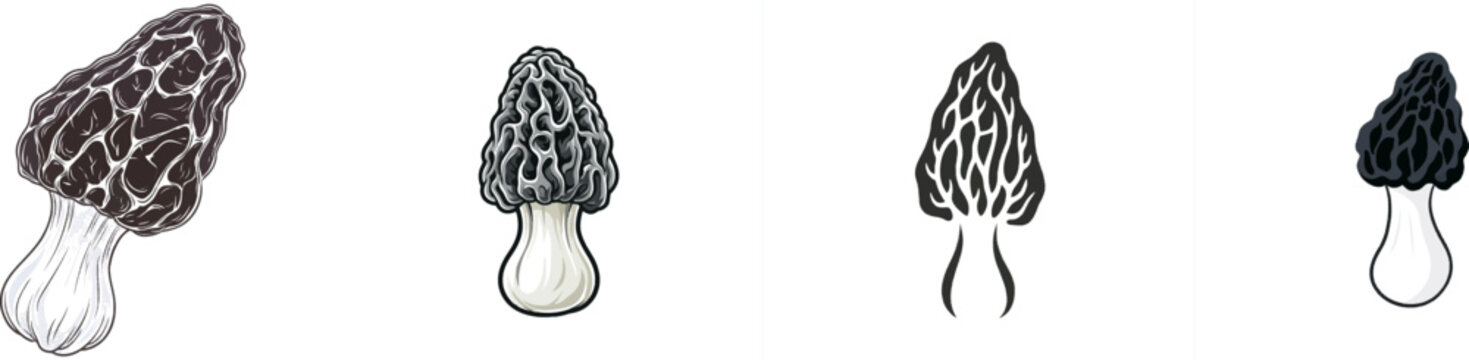 A detailed, bold graphic silhouette of a Morel mushroom with a reticulated sponge cap is depicted in solid black ink against a pure white background, rendered in vector sticker style for high