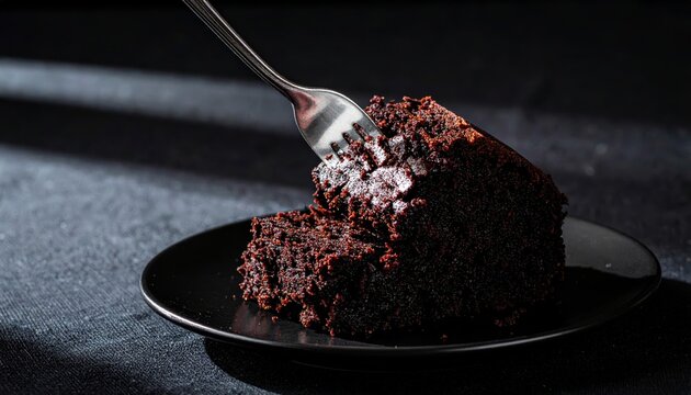 Close-up of a fork piercing a moist slice of devil's food cake on a black plate, revealing its rich texture.