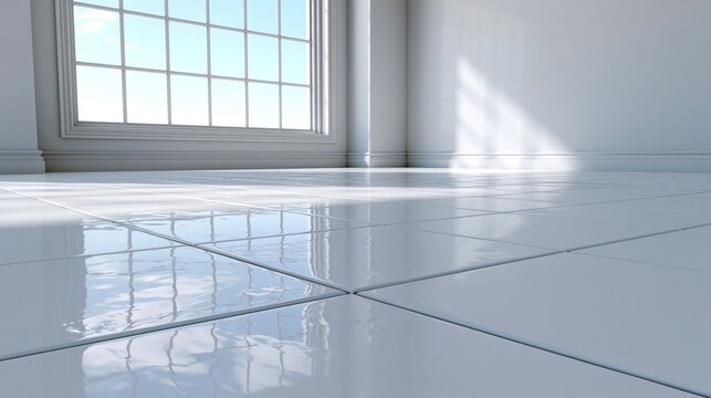 3d rendering of close up white tile floor in perspective view, empty space in room, window and light. Modern interior home design look clean, bright, shiny surface with texture pattern for background.
