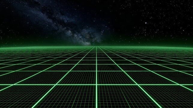 Green game retro grid floor stretching into dark space with scattered stars for cyberpunk and sci fi design. Neon perspective lines with starry sky. Digital technology background for gaming banner.