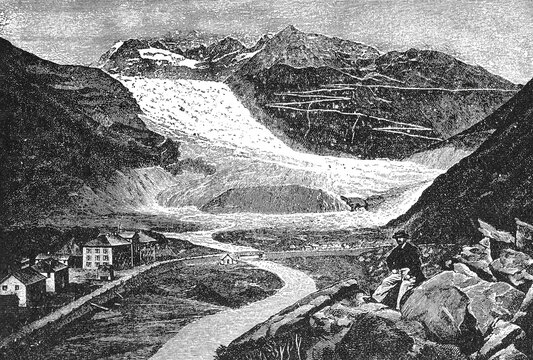Rhone Glacier descending from rugged Swiss Alps, small village and seated figure in foreground, old vintage illustration, 1898.