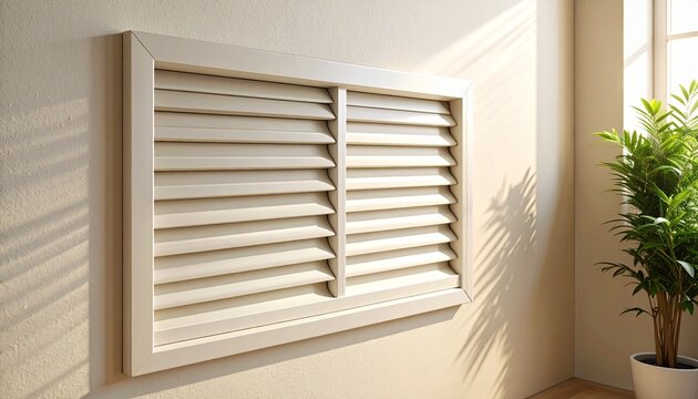 White wall mounted air vent louver or modern ventilation system grille installed in a bright home interior with green house plant.