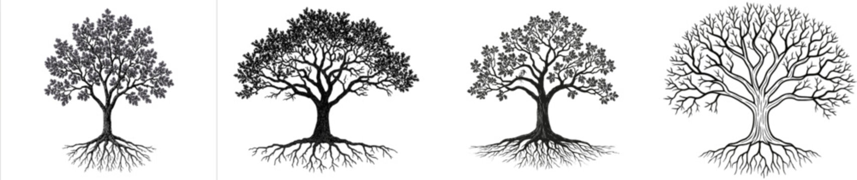 A majestic oak tree with deep organic roots spreads its branches against a clean white background in this premium artisanal linocut art piece