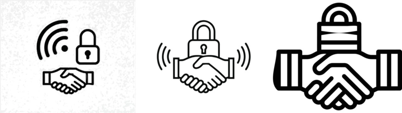 This minimalist SSL handshake sequence icon features a padlock symbolizing security, accompanied by data synchronization waves and a handshake, all set against a white background with sharp tech