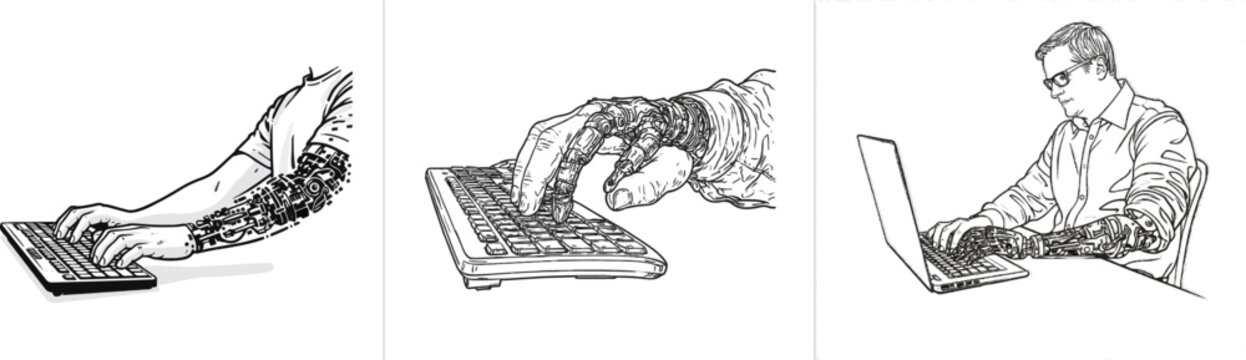 A person with a visible upper limb prosthetic confidently types on an ergonomic keyboard, embodying true workplace inclusivity through clean lines and distinct boundaries against a white background