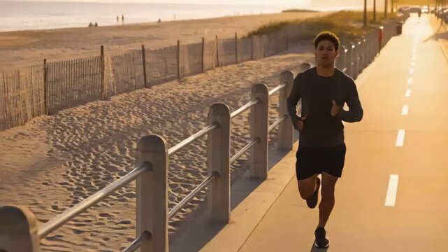 Running male in longsleeve and shorts along promenade, sunlight motivating exercise, passing posts