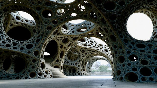 Modern structure with unique shapes and openings in an urban setting during daylight hours