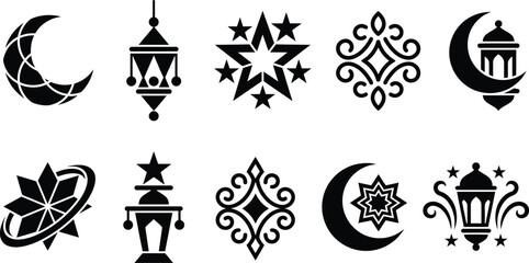 Fototapeta premium Islamic crescent moon lantern star abstract shapes decorative design elements islam religion.