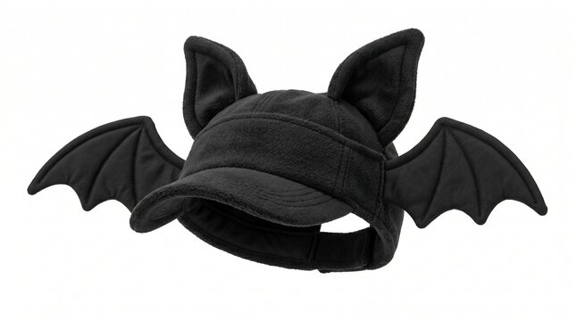 Black fleece baseball cap with bat wings and ears isolated on white background